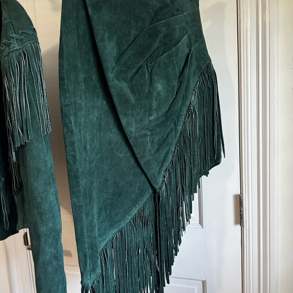 Dark Green Fringe Suede outfit. Worn one time. Includes jacket and skirt.